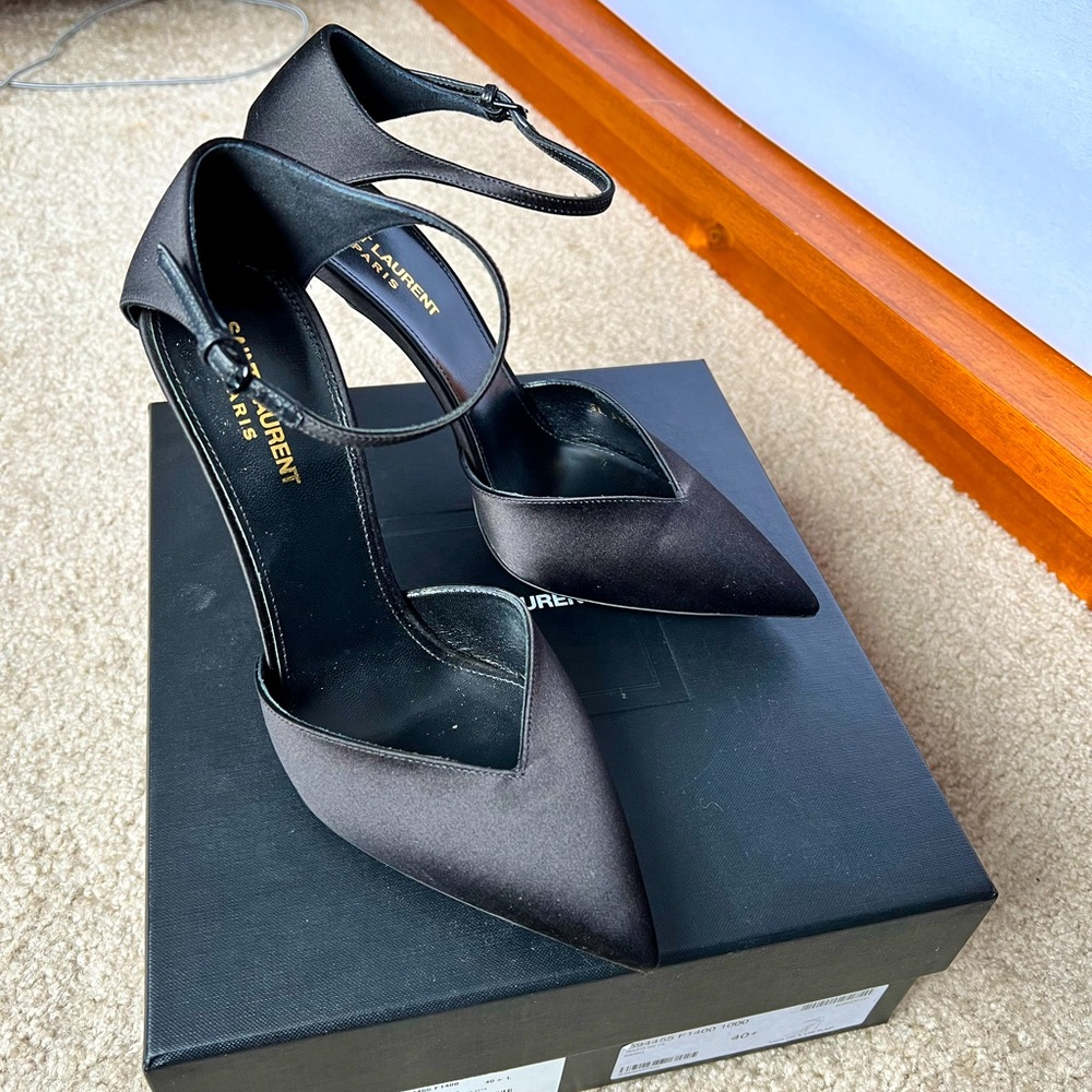 Saint Laurent Black Satin Pointed Toe Ankle-Strap Heels - Picture 1 of 5